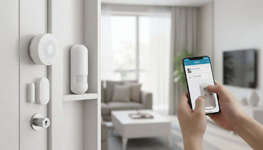 Modern smart home security alarm system with Wi-Fi, motion sensor, door sensors, and smartphone control