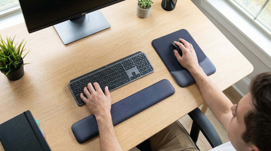 Ergonomic gel wrist rest supporting hands during computer work at desk