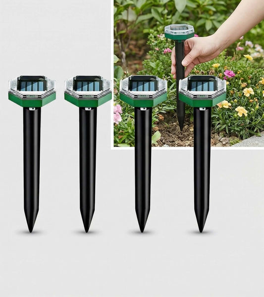 HIULLEN solar mole repeller devices in a garden setting, designed to repel moles and gophers using ultrasonic waves.