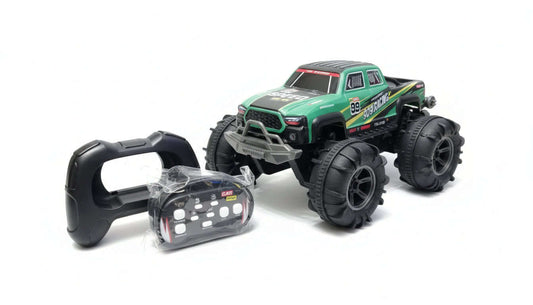 Green 4WD amphibious remote-controlled car by HOT PRICE, showcasing its waterproof design and 360° maneuverability.